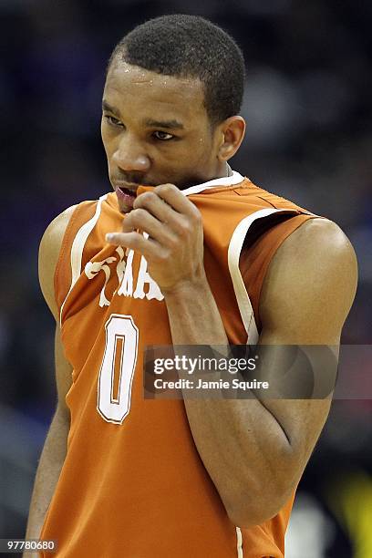 Avery Bradley of the Texas Longhorns looks on while taking on the Baylor Bears during the quarterfinals of the 2010 Phillips 66 Big 12 Men's...