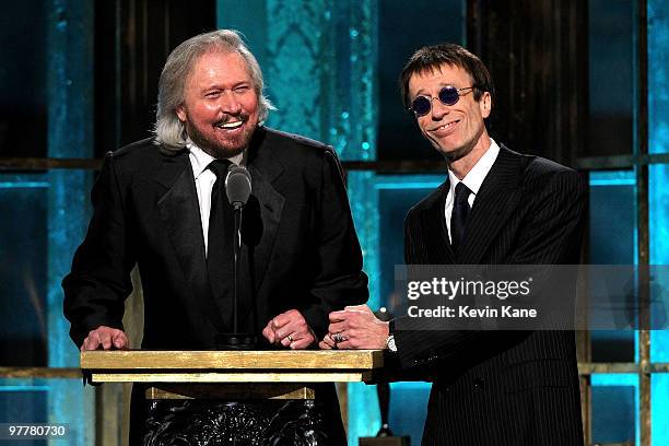 Barry Gibb and Robin Gibb speak onstage at the 25th Annual Rock and Roll Hall of Fame Induction Ceremony at Waldorf=Astoria on March 15, 2010 in New...