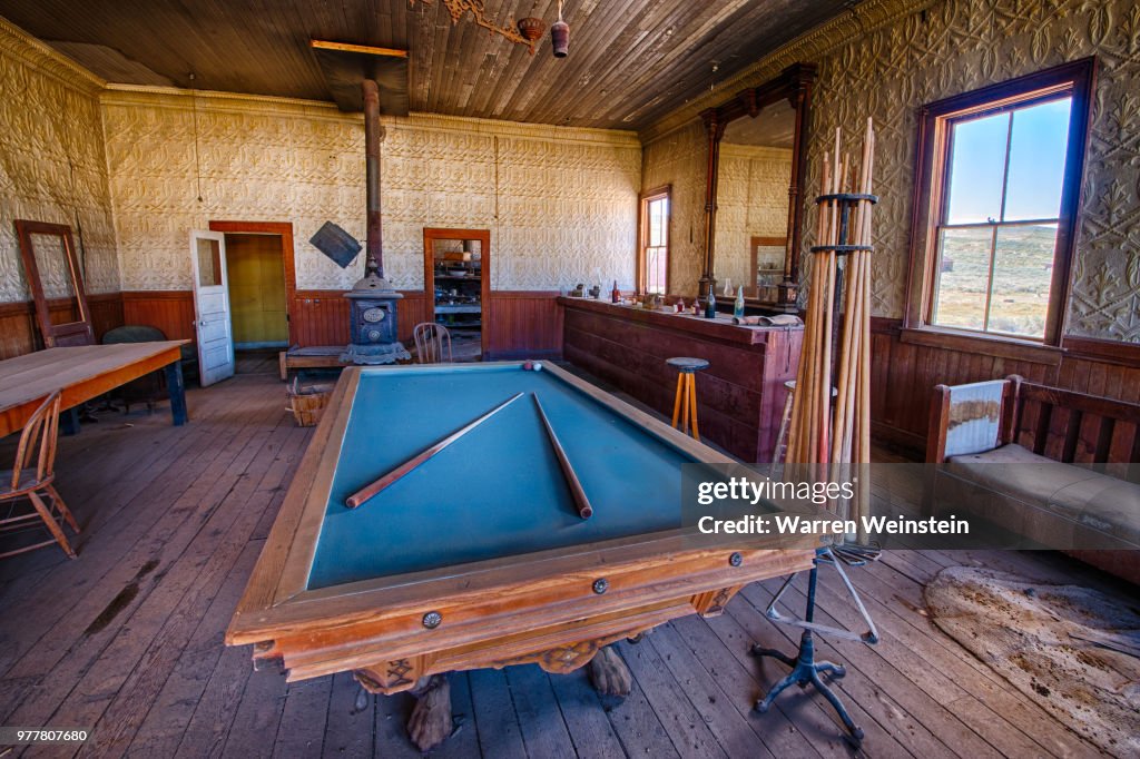 Pool table in Wheaton and Hollis Hotel in Bodie State Historic Park, Bodie, California, USA