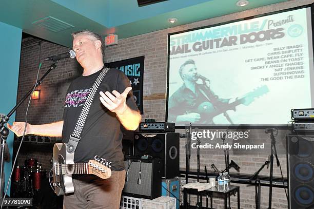 Billy Bragg performs during a Strummerville and Jail Guitar Doors night at the British Music Embassy, Latitude 30 during the SXSW Interactive and...