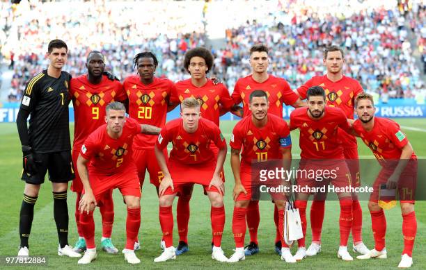 Belgium team lines up prior to the 2018 FIFA World Cup Russia group G match between Belgium and Panama at Fisht Stadium on June 18, 2018 in Sochi,...