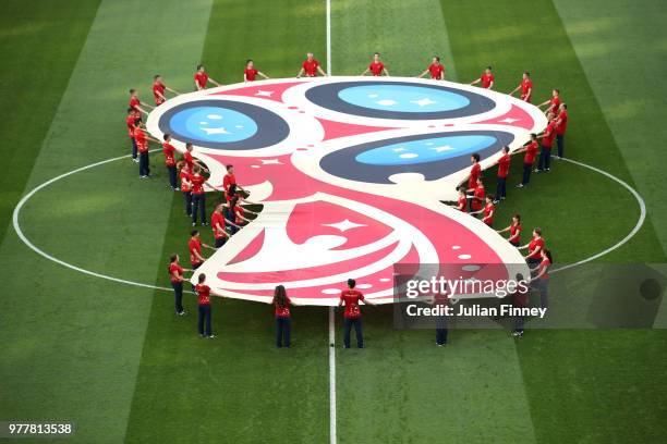 The World Cup 2018 logo is seen on the pitch prior to the 2018 FIFA World Cup Russia group G match between Belgium and Panama at Fisht Stadium on...