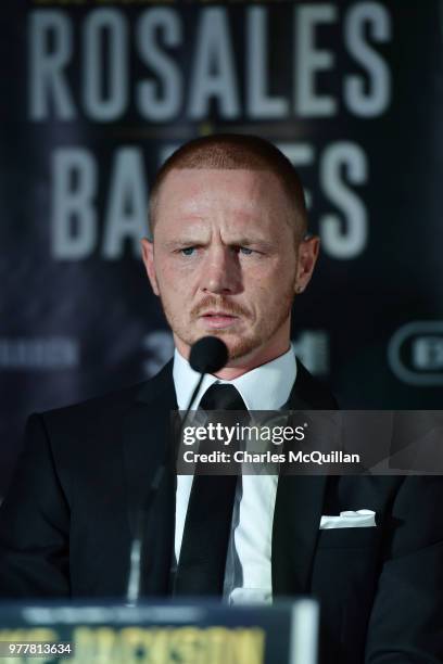 Luke Jackson answers questions from the gathered media at Windsor Park on June 18, 2018 in Belfast, Northern Ireland. Jackson, Tyson Fury, Paddy...