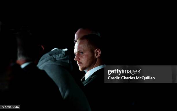 Luke Jackson answers questions from the gathered media at Windsor Park on June 18, 2018 in Belfast, Northern Ireland. Jackson, Tyson Fury, Paddy...