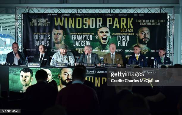 Former Heavyweight world champion Tyson Fury answers questions from the gathered media at Windsor Park on June 18, 2018 in Belfast, Northern Ireland....