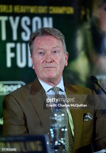 Promoter Frank Warren answers questions from the gathered media at Windsor Park on June 18, 2018 in Belfast, Northern Ireland. Tyson Fury, Paddy...