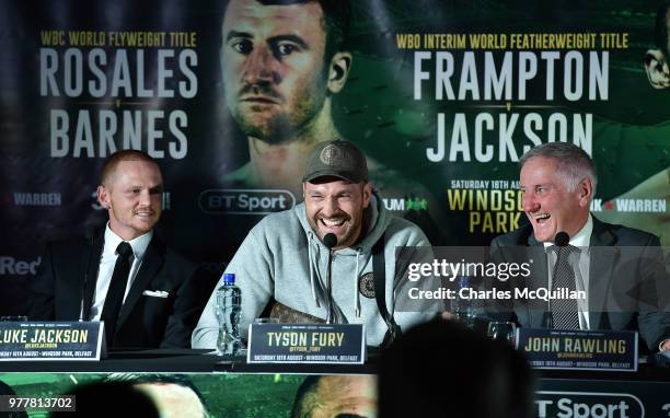 Former Heavyweight world champion Tyson Fury answers questions from the gathered media at Windsor Park on June 18, 2018 in Belfast, Northern Ireland....