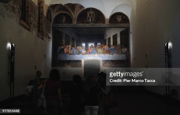 The painting 'The Last Supper' is displayed at the Museo del Cenacolo Vinciano during the Leonardo Da Vinci Prime Idee Per l'Ultima Cena' Exhibition...