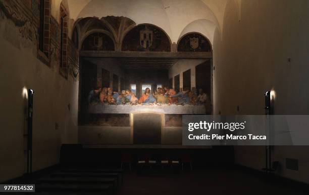 The painting 'The Last Supper' is displayed at the Museo del Cenacolo Vinciano during the Leonardo Da Vinci Prime Idee Per l'Ultima Cena' Exhibition...