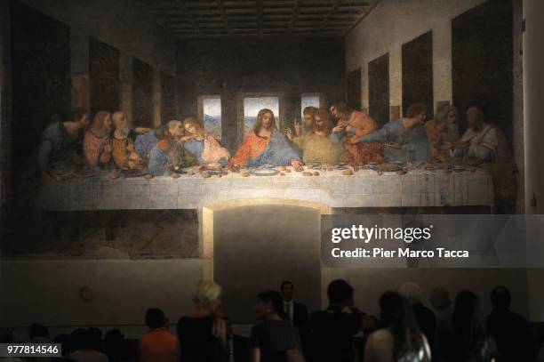 The painting 'The Last Supper' is displayed at the Museo del Cenacolo Vinciano during the Leonardo Da Vinci Prime Idee Per l'Ultima Cena' Exhibition...
