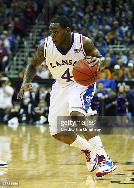 Sherron Colilns of the Kansas Jayhawks drives into the lane against the Kansas State Wildcats during the 2010 Phillips 66 Big 12 Men's Basketball...