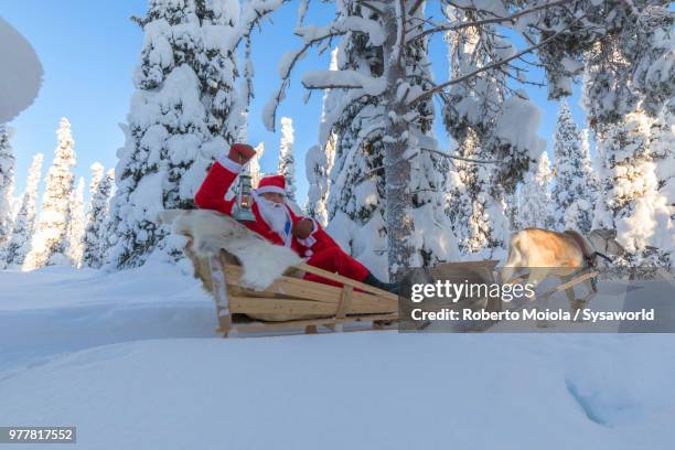 santa claus on reindeer sleigh in the snowy forest, ruka (kuusamo), northern ostrobothnia region, lapland, finland - santa riding stock pictures, royalty-free photos & images