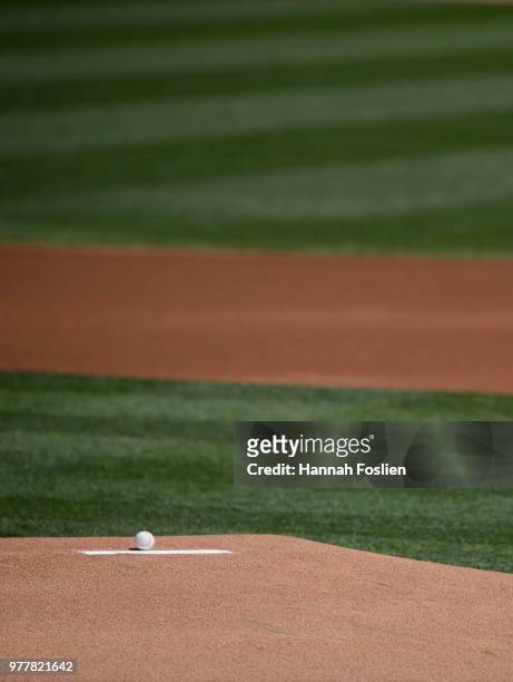 The ball is seen on the mound before game one of a doubleheader between the Minnesota Twins and the Chicago White Sox on June 5, 2018 at Target Field...