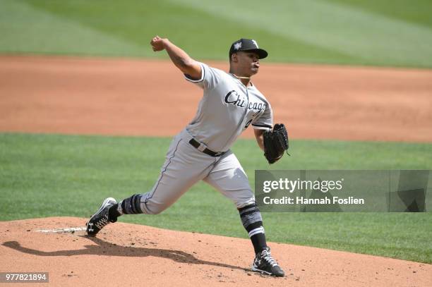 Reynaldo Lopez of the Chicago White Sox delivers a pitch against the Minnesota Twins during game one of a doubleheader on June 5, 2018 at Target...