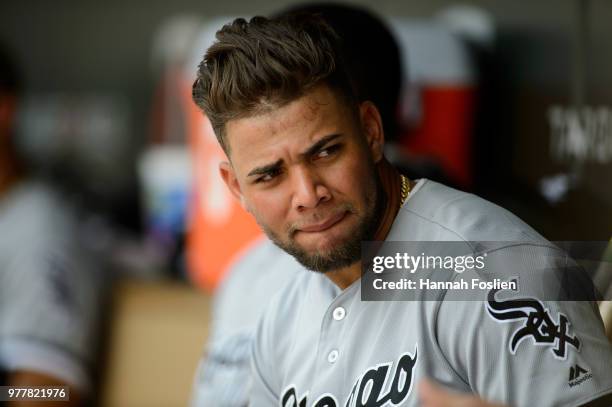 Yoan Moncada of the Chicago White Sox looks on during game one of a doubleheader against the Minnesota Twins on June 5, 2018 at Target Field in...