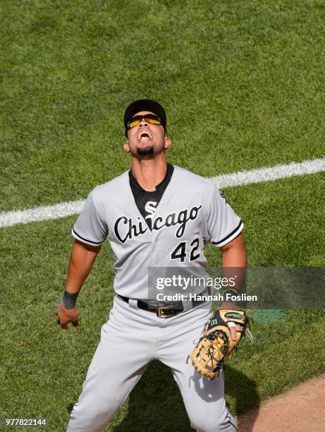 Jose Abreu of the Chicago White Sox makes a play in foul territory against the Minnesota Twins during game one of a doubleheader on June 5, 2018 at...