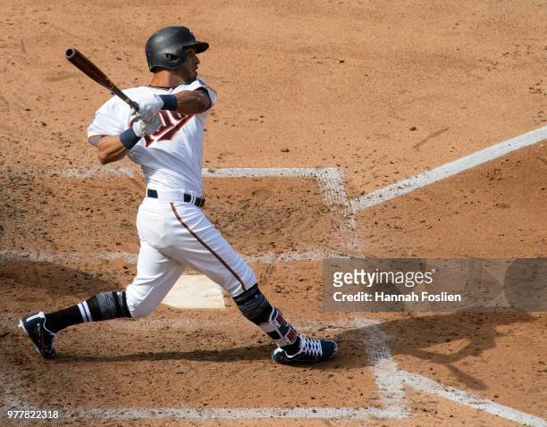 Eddie Rosario of the Minnesota Twins takes an at bat against the Chicago White Sox during game one of a doubleheader on June 5, 2018 at Target Field...