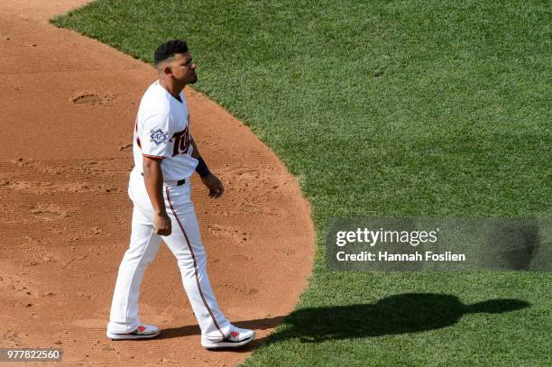 Eduardo Escobar of the Minnesota Twins reacts to striking out against the Chicago White Sox during game one of a doubleheader on June 5, 2018 at...