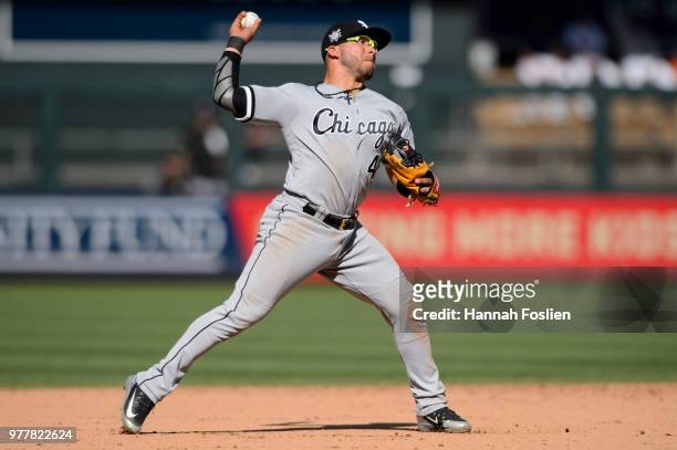 Yolmer Sanchez of the Chicago White Sox makes a play at third base against the Minnesota Twins during game one of a doubleheader on June 5, 2018 at...
