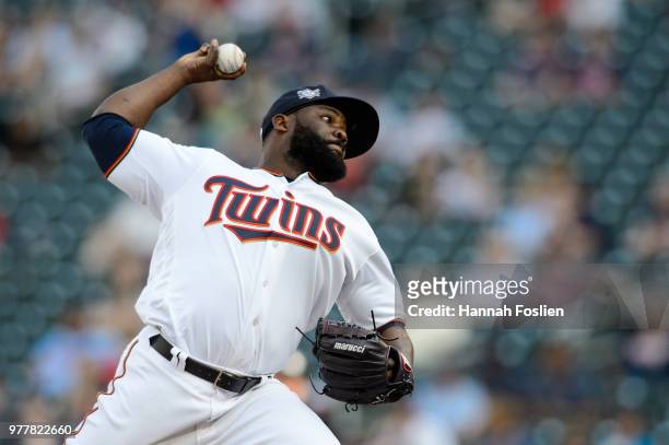 Fernando Rodney of the Minnesota Twins delivers a pitch against the Chicago White Sox during game one of a doubleheader on June 5, 2018 at Target...