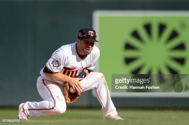 Brian Dozier of the Minnesota Twins makes a play at second base against the Chicago White Sox during game one of a doubleheader on June 5, 2018 at...