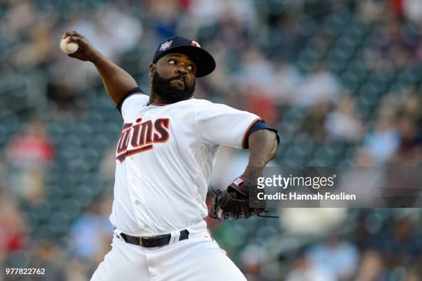 Fernando Rodney of the Minnesota Twins delivers a pitch against the Chicago White Sox during game one of a doubleheader on June 5, 2018 at Target...