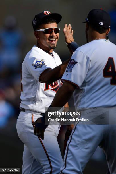 Eduardo Escobar of the Minnesota Twins celebrates defeating the Chicago White Sox after game one of a doubleheader on June 5, 2018 at Target Field in...
