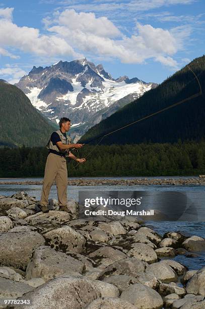 a man fly fishes a stream in british columbia, canada. - fluss stilkine stock-fotos und bilder