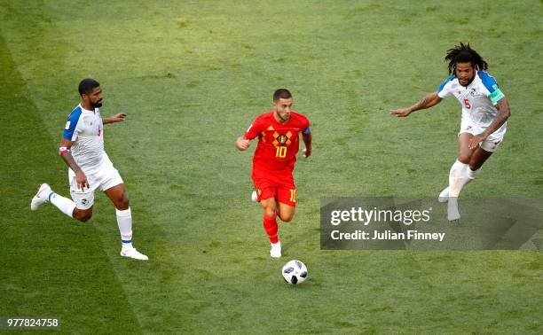 Gabriel Gomez and Roman Torres of Panama put pressure on Eden Hazard of Belgium during the 2018 FIFA World Cup Russia group G match between Belgium...