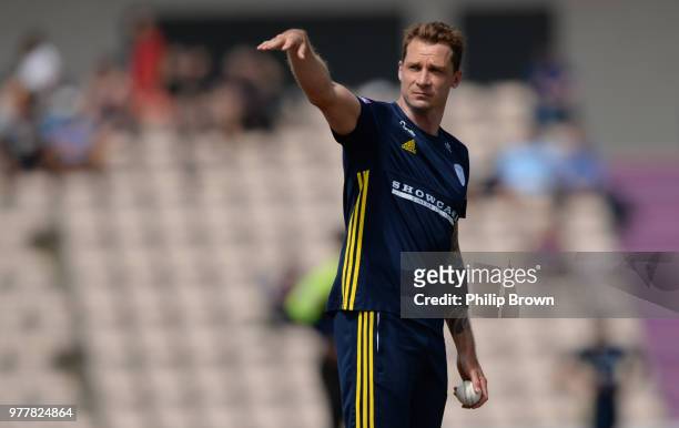 Dale Steyn of Hampshire gestures during the Royal London One-Day Cup Semi-Final match between Hampshire and Yorkshire Vikings at the Ageas Bowl on...