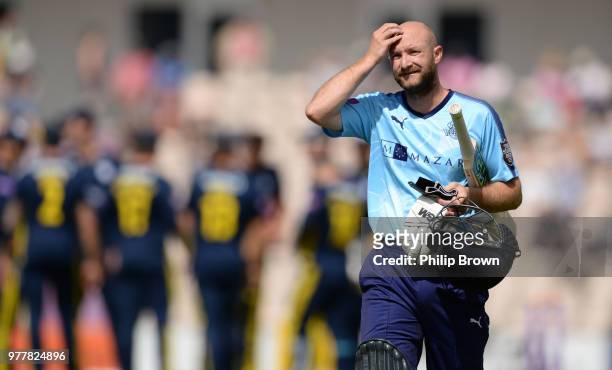 Adam Lyth of Yorkshire Vikings leaves the field after being dismissed during the Royal London One-Day Cup Semi-Final match between Hampshire and...