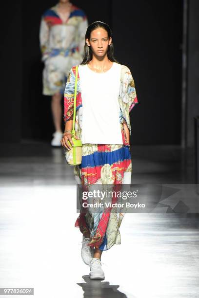 Model walks the runway at the Hunting World show during Milan Men's Fashion Week Spring/Summer 2019 on June 18, 2018 in Milan, Italy.