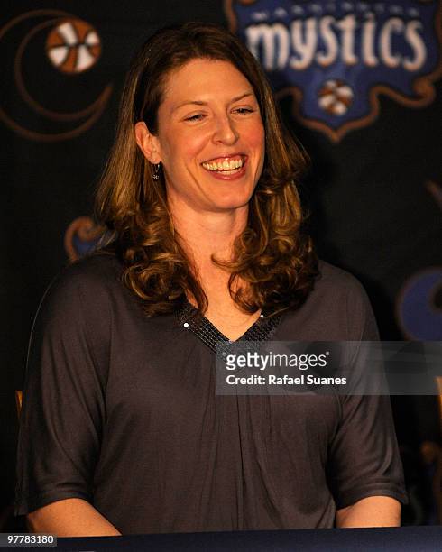 Washington Mystic Katie Smith flashes a smile during a press conference to announce her signing as a free agent at Verizon Center on March 16, 2010...