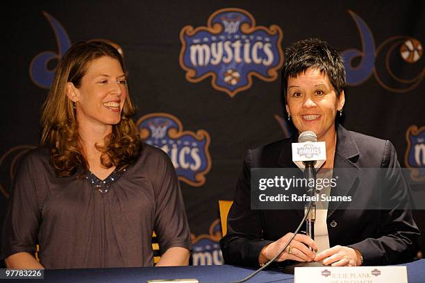 Head coach Julie Plank and new Washington Mystic Katie Smith during a press conference to announce the signing Smith as a free agent at Verizon...