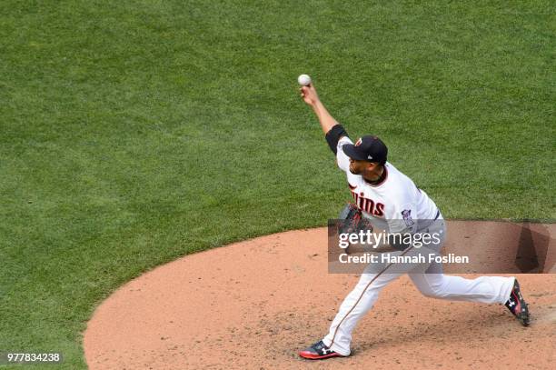 Fernando Romero of the Minnesota Twins delivers a pitch against the Chicago White Sox during game one of a doubleheader on June 5, 2018 at Target...