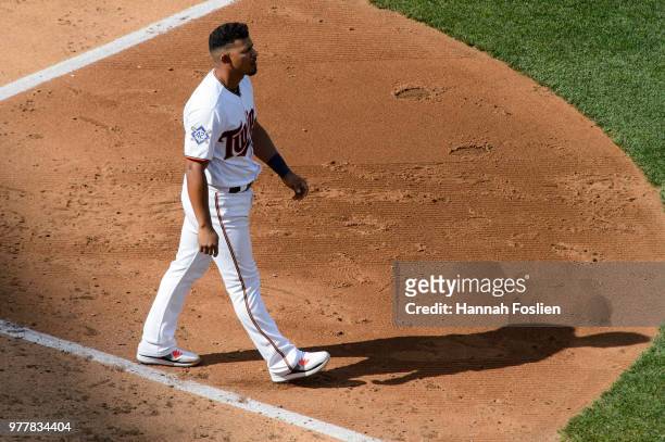Eduardo Escobar of the Minnesota Twins reacts to striking out against the Chicago White Sox during game one of a doubleheader on June 5, 2018 at...