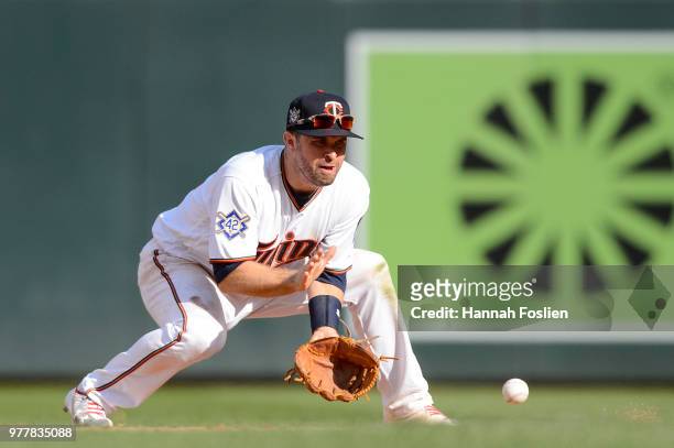 Brian Dozier of the Minnesota Twins makes a play at second base against the Chicago White Sox during game one of a doubleheader on June 5, 2018 at...