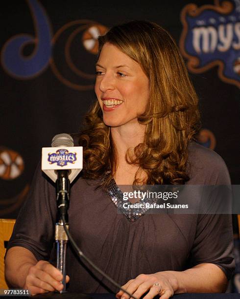 Washington Mystic Katie Smith flashes a smile during a press conference to announce her signing as a free agent at Verizon Center on March 16, 2010...