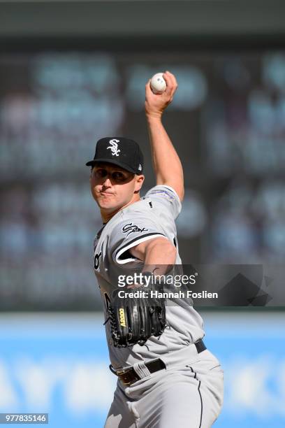 Nate Jones of the Chicago White Sox delivers a pitch against the Minnesota Twins during game one of a doubleheader on June 5, 2018 at Target Field in...
