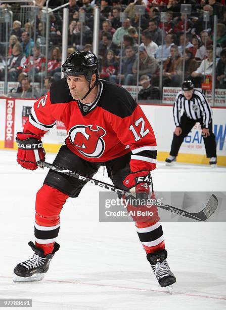 Brian Rolston of the New Jersey Devils in action against the Pittsburgh Penguins during their game on March 12, 2010 at The Prudential Center in...