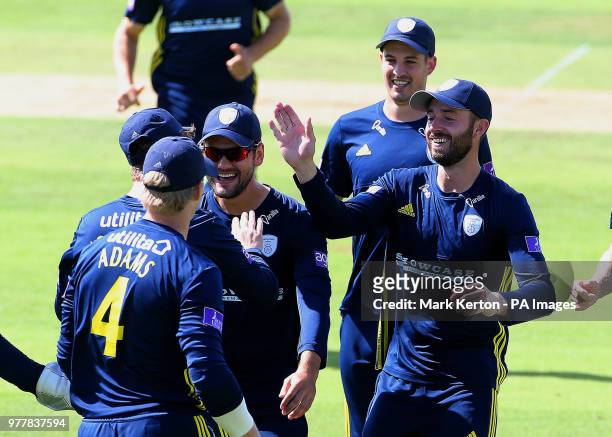 Hampshire's James Vince , Gareth Berg and Sam Northeast celebrate the wicket of Yorkshire's Gary Ballance with team mates during the Royal London One...