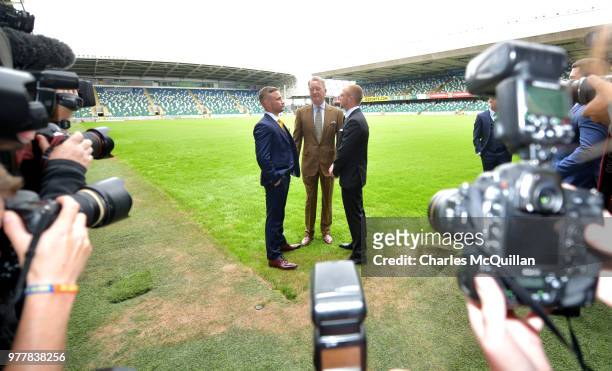 Boxers Carl Frampton and Luke Jackson attend a photo call with promoter Frank Warren at Windsor Park on June 18, 2018 in Belfast, Northern Ireland....