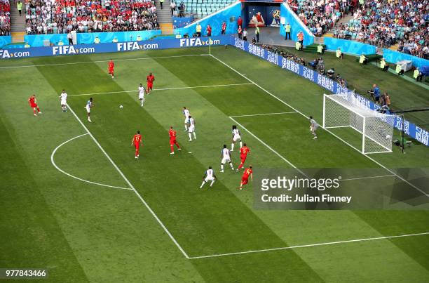 General view of the action while Kevin De Bruyne of Belgium shoots at atrget during the 2018 FIFA World Cup Russia group G match between Belgium and...