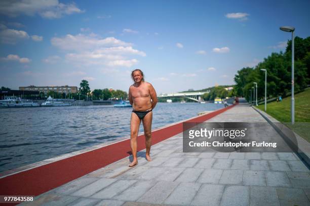 Man is seen walking on the banks of the Moscow River on June 18, 2018 in Moscow, Russia.