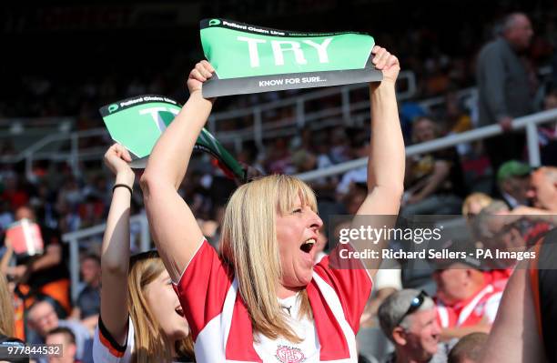 St Helens' fans celebrate during the Betfred Super League, Magic Weekend match at St James' Park, Newcastle