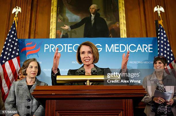 Speaker of the House Rep. Nancy Pelosi speaks as Rep. Rosa DeLauro and Rep. Jan Schakowsky look on during a news conference March 16, 2010 on Capitol...