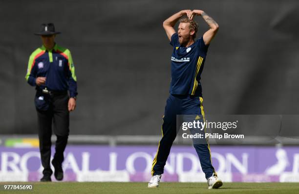Gareth Berg of Hampshire celebrates after dismissing Gary Ballance of Yorkshire Vikings during the Royal London One-Day Cup Semi-Final match between...
