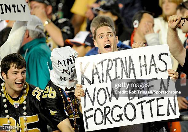 Fans of the New Orleans Saints cheer during a game against the Indianapolis Colts in Super Bowl XLIV on February 7, 2010 at Sun Life Stadium in Miami...