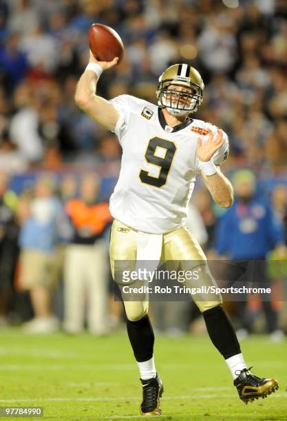 Drew Brees of the New Orleans Saints passes during a game against the Indianapolis Colts in Super Bowl XLIV on February 7, 2010 at Sun Life Stadium...