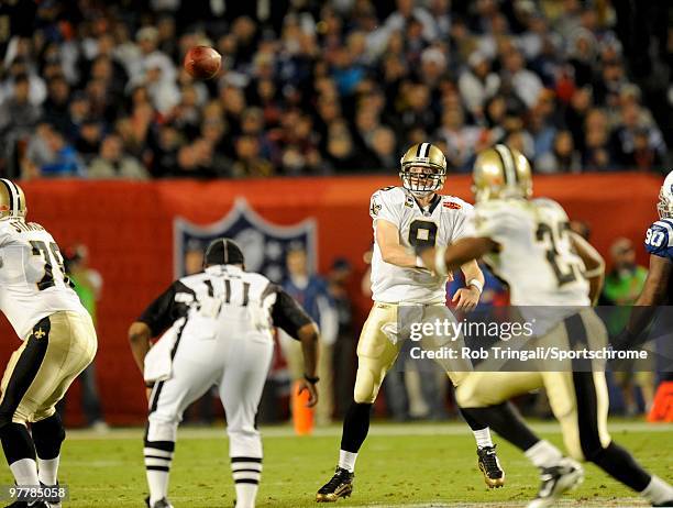 Drew Brees of the New Orleans Saints passes during a game against the Indianapolis Colts in Super Bowl XLIV on February 7, 2010 at Sun Life Stadium...